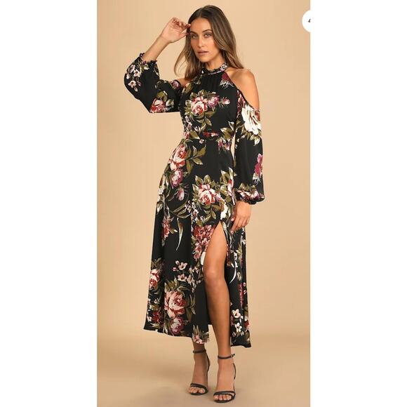 Lulus Dress Women's SZ M Black Floral Cold Shoulder Long Sleeve Maxi Slit Party - Picture 1 of 15
